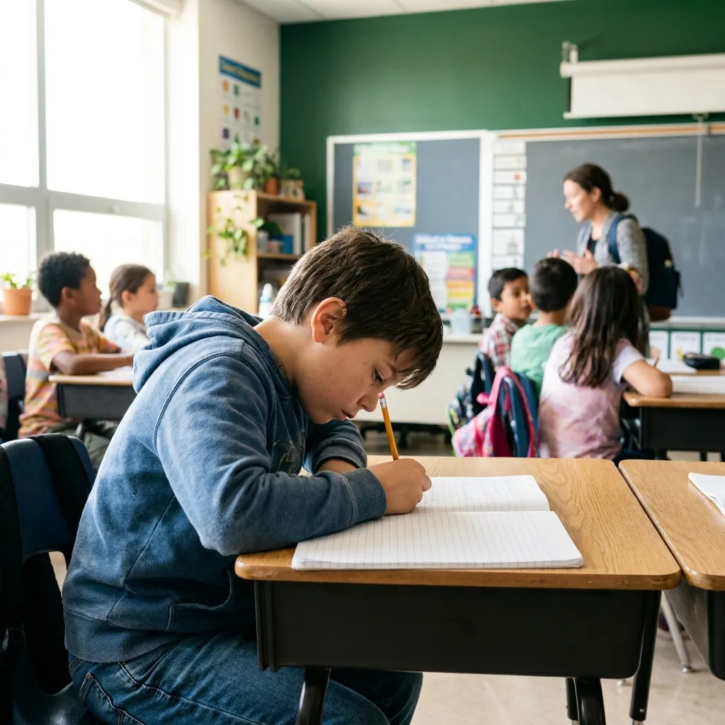 A school student concentrating on their work at a classroom desk